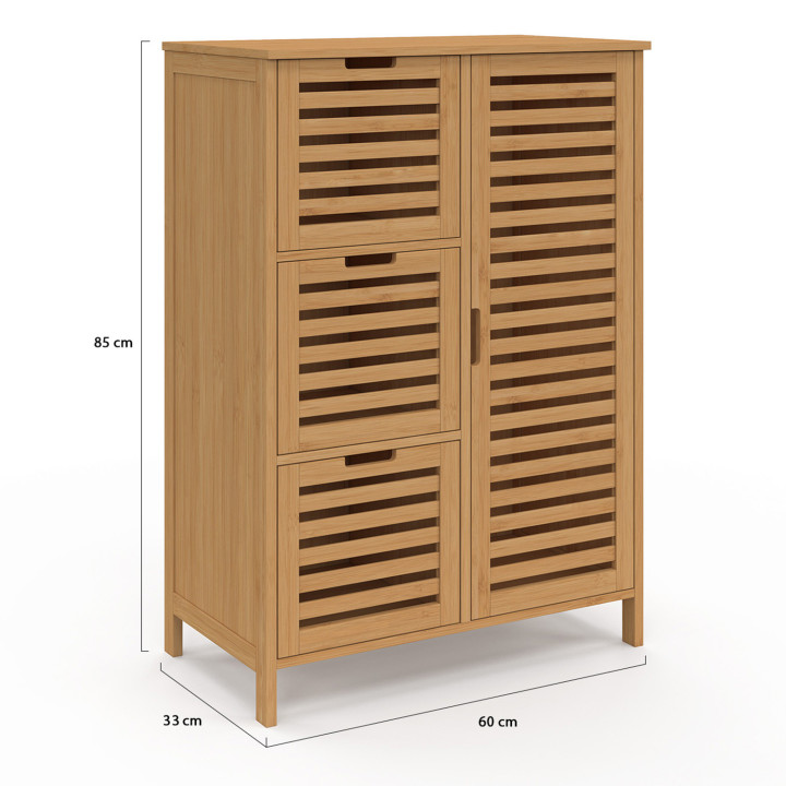Meuble rangement salle de bain bambou 3 tiroirs avec placard - BEA | ID Market