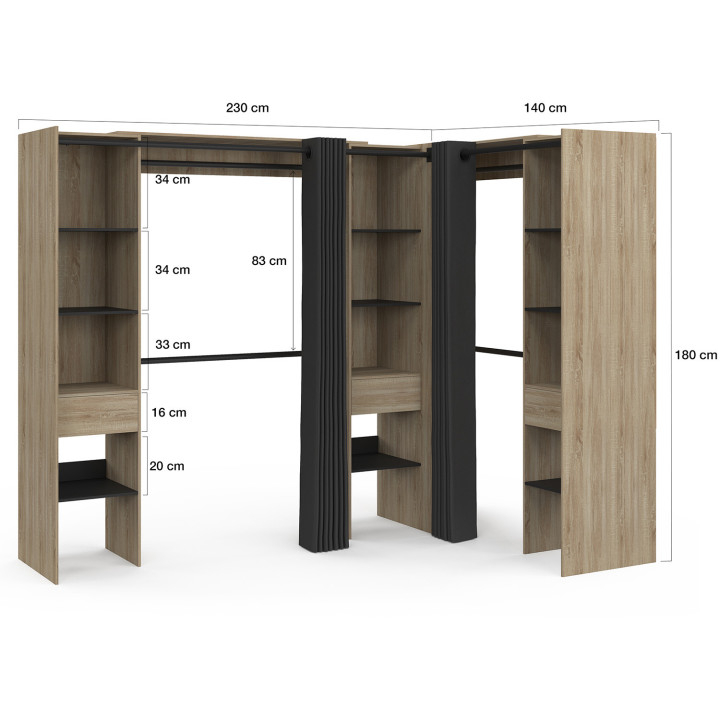 Armario rinconero extensible de haya con armarios, estantes y cortinas negras - MARLON | ID Market Armario rinconero extensible de haya con armarios, estantes y cortinas negras - MARLON | ID Market