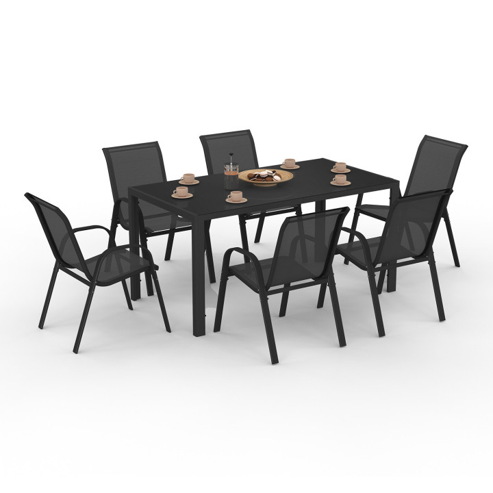 Stalen en zwarte tuinmeubelset met 150 cm tafel en 6 stapelstoelen - MADRID | ID Market