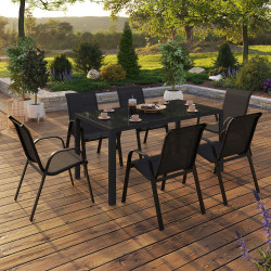 Salon de jardin acier et noir avec table 150 cm et 6 chaises empilables - MADRID | ID Market