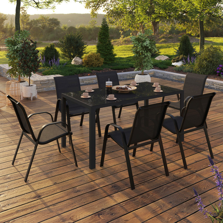 Stalen en zwarte tuinmeubelset met 150 cm tafel en 6 stapelstoelen - MADRID | ID Market