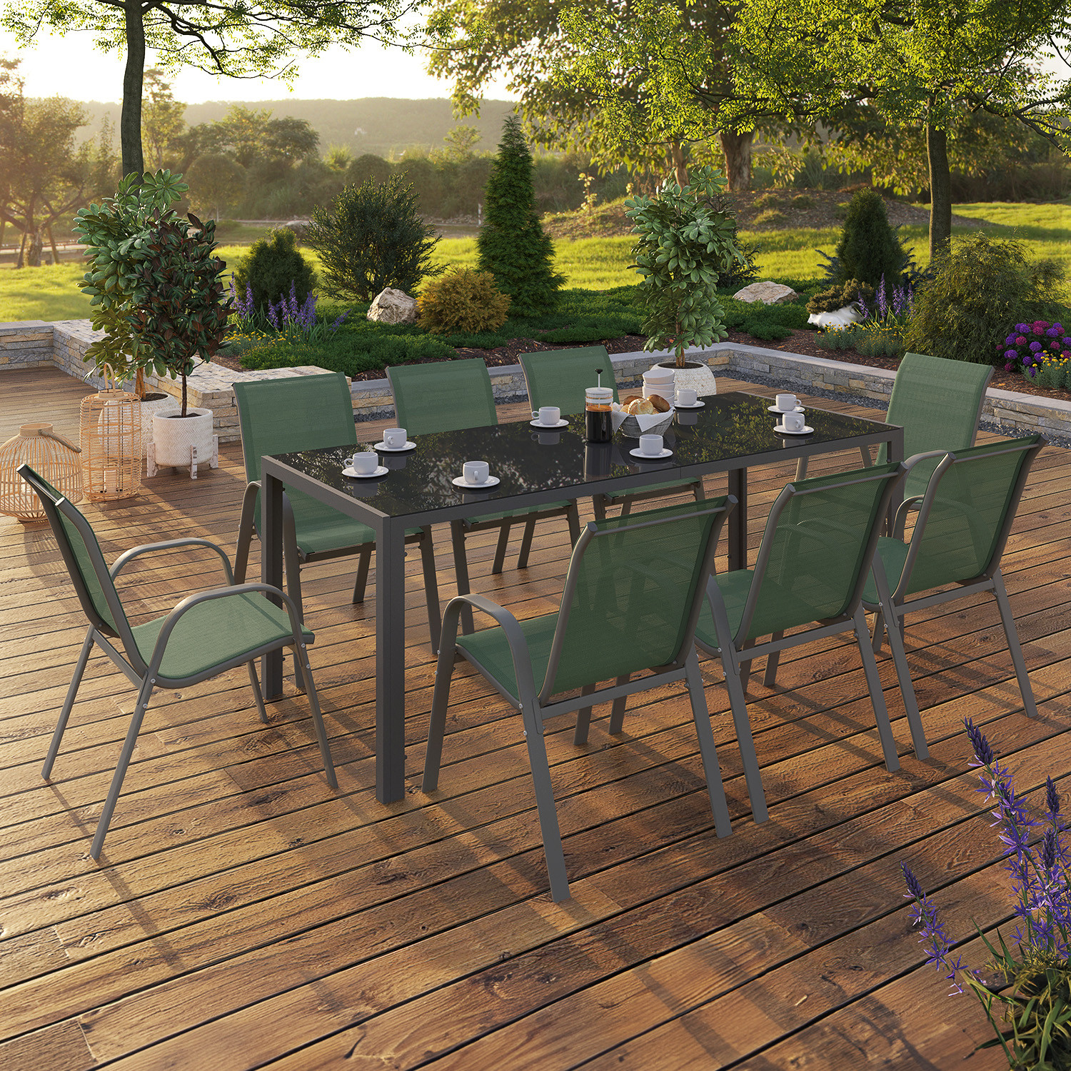 Salon de jardin vert olive avec table 190 cm et 8 chaises empilables
