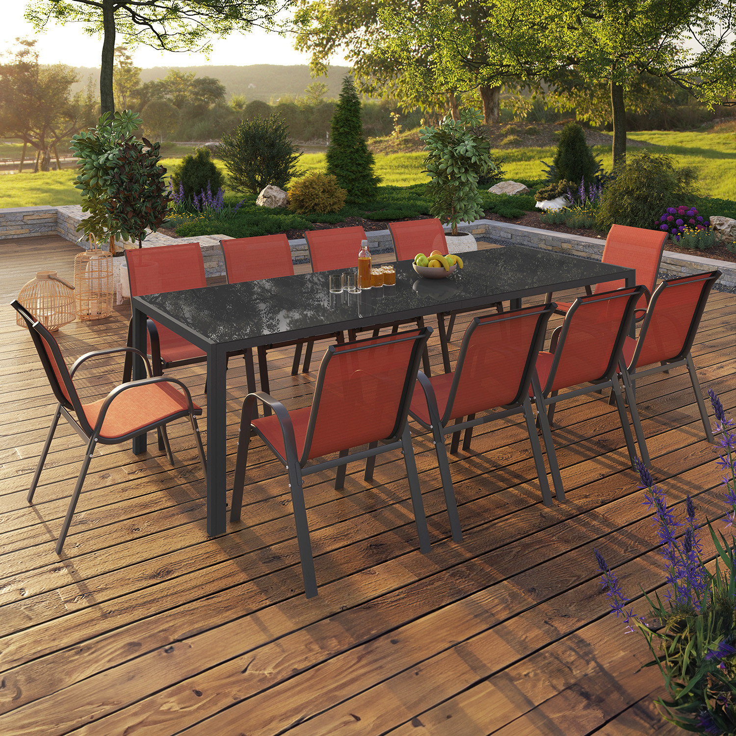 Salon de jardin 10 places chaises empilables terracotta table 240 cm