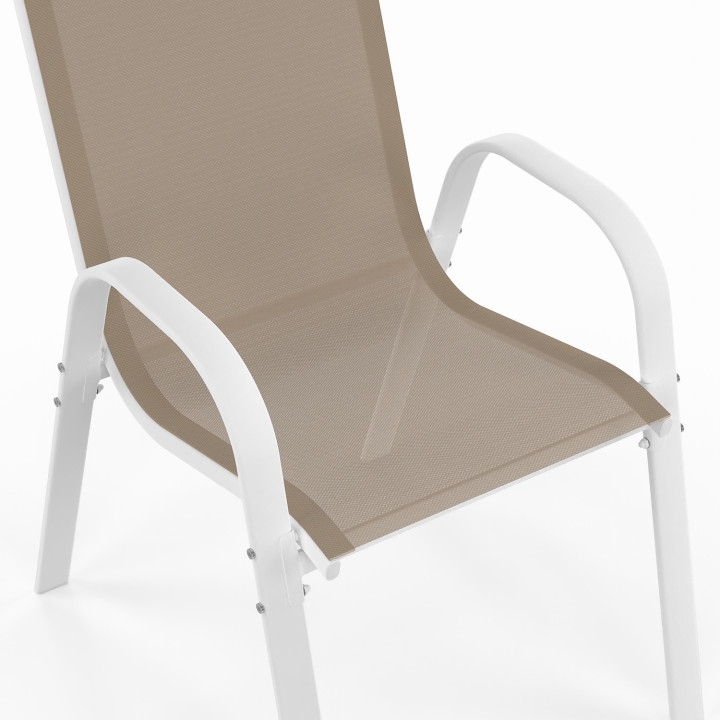Salon de jardin grande table et chaises empilables blanc et beige - MADRID | ID Market