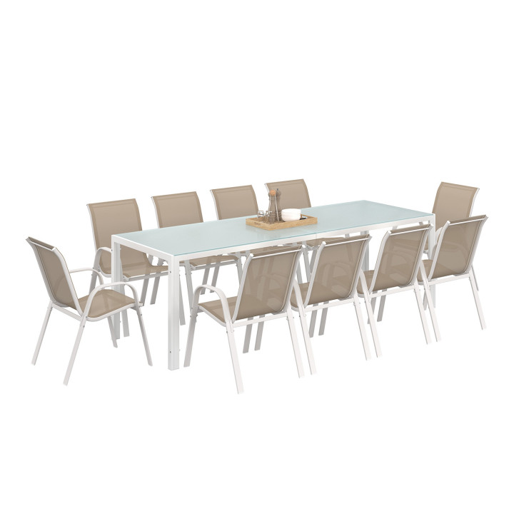 Salon de jardin grande table et chaises empilables blanc et beige - MADRID | ID Market