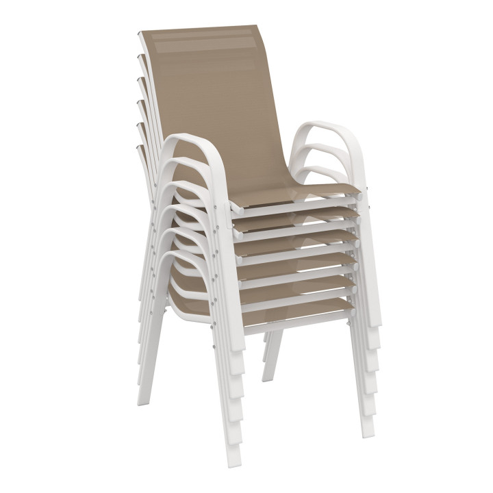 Salon de jardin grande table et chaises empilables blanc et beige - MADRID | ID Market