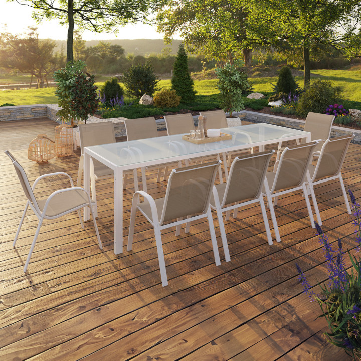 Salon de jardin grande table et chaises empilables blanc et beige - MADRID | ID Market