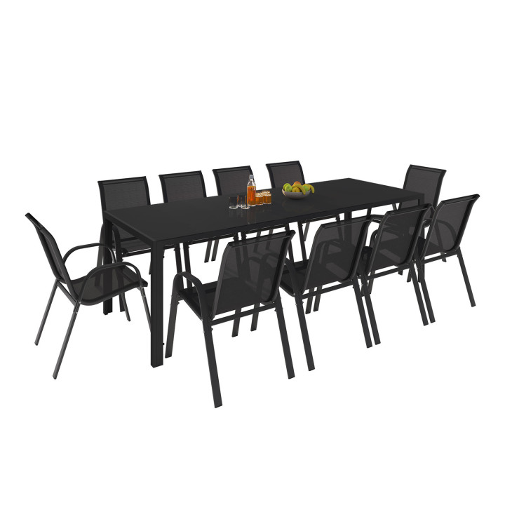 Conjunto de mesa y sillas de jardín negras de 240cm y 10 sillas apilables - MADRID | ID Market