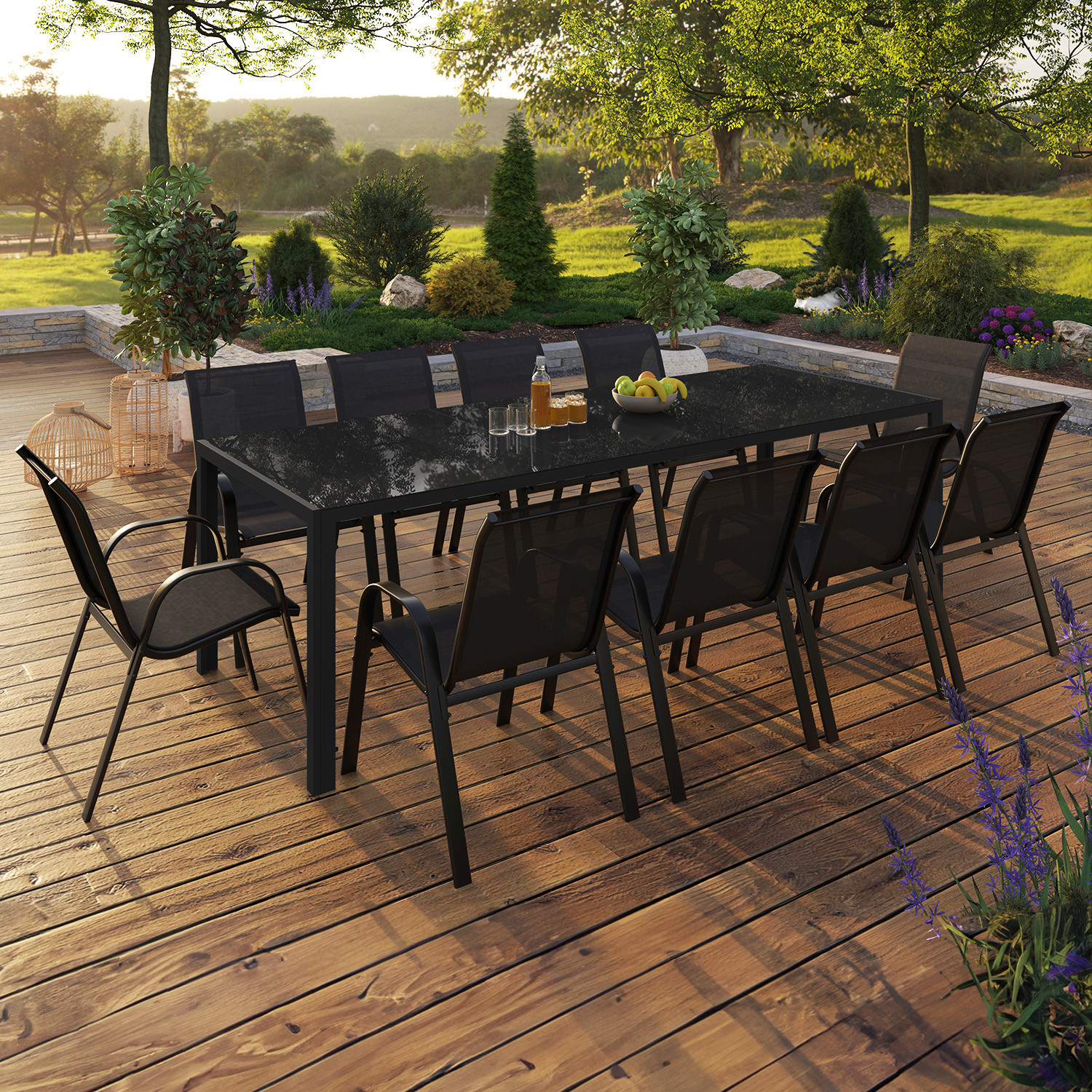 Salon de jardin 10 personnes table 240 cm et chaises empilables noires