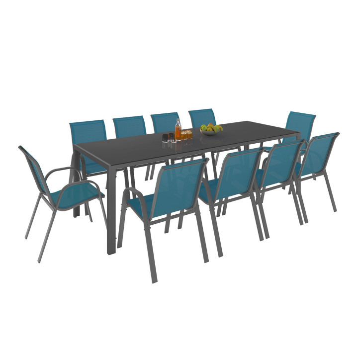 Ensemble table et chaises de jardin bleu canard 240cm et 10 chaises empilables - MADRID | ID Market