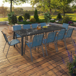 16802 - Salon de jardin 10 personnes table 240 cm et chaises empilables bleu canard Ensemble table et chaises de jardin bleu canard 240cm et 10 chaises empilables - MADRID | ID Market
