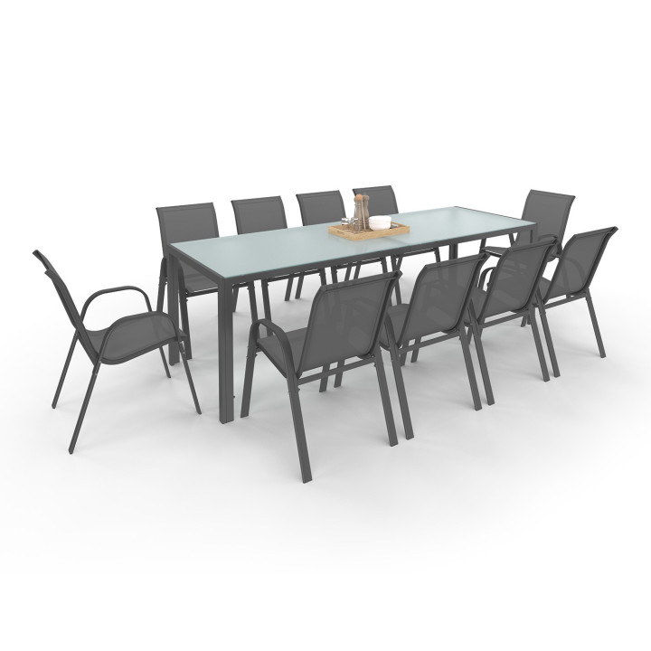 Ensemble table et chaises de jardin gris anthracite 240cm et 10 chaises empilables - MADRID | ID Market