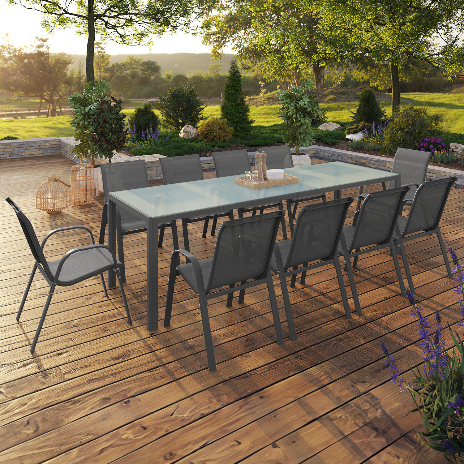 Salon de jardin 10 personnes table 240 cm plateau clair et chaises empilables gris anthracite