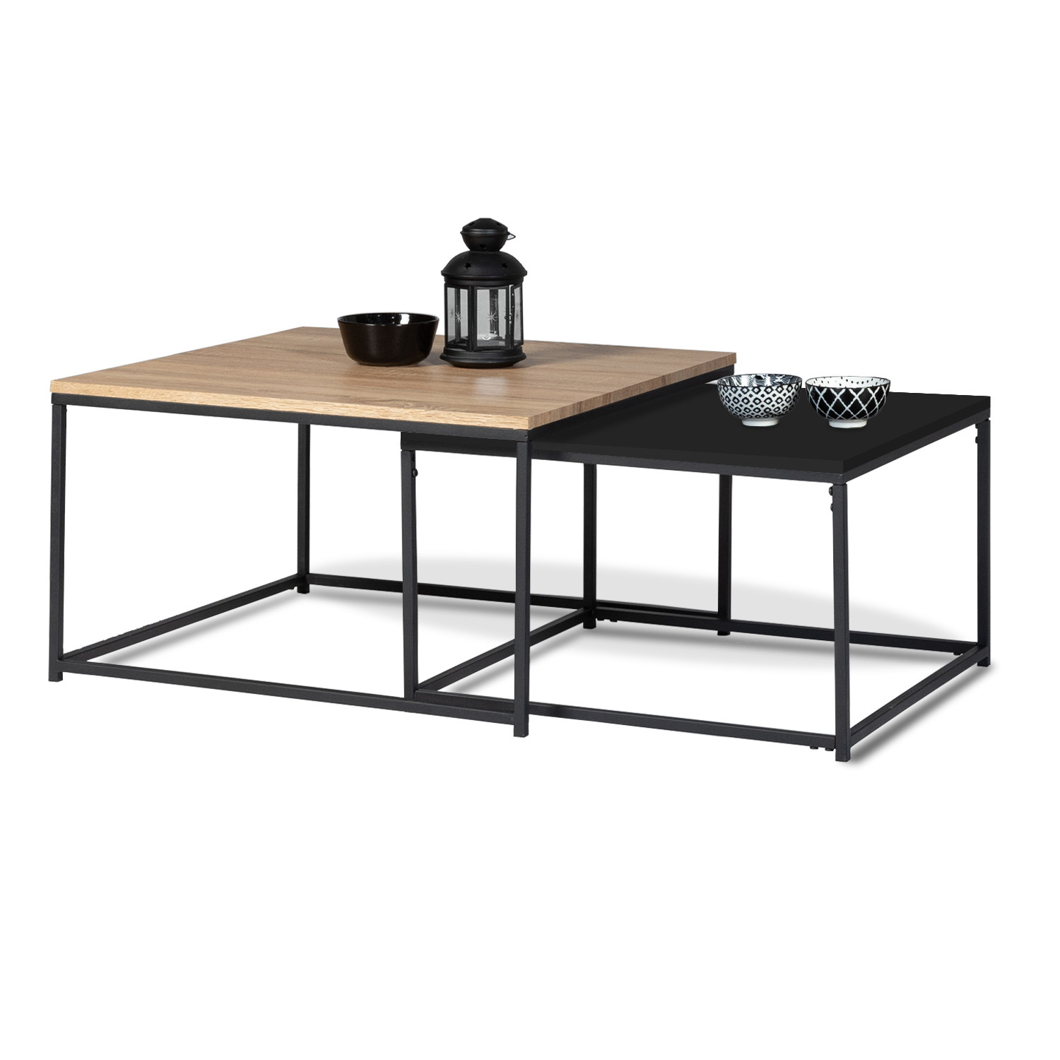 Lot de 2 tables basses gigognes industrielles métal noir 60 cm et 70 cm
