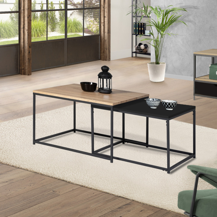 Ausziehbare Couchtische aus schwarzem Metall und Holz im Industriestil x2 - DENTON | ID Market