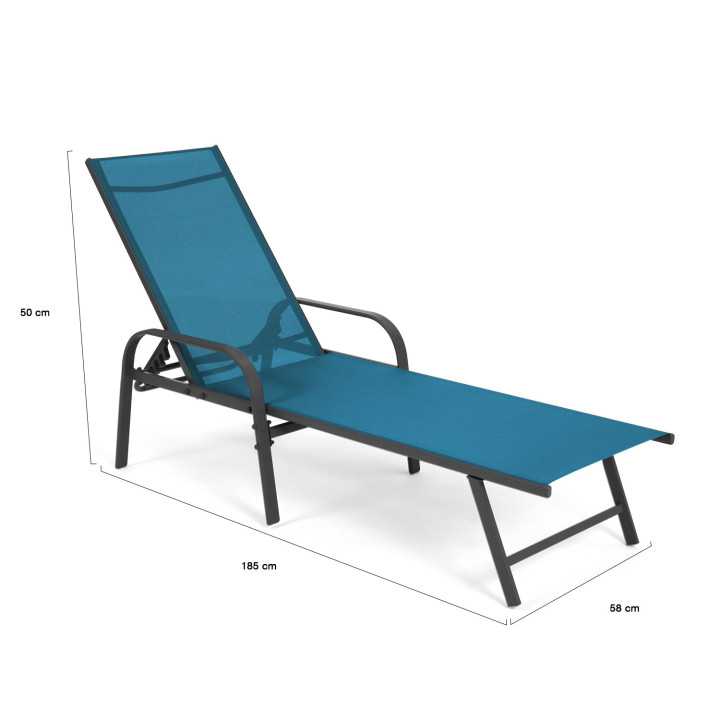 Set van 2 ligstoelen in antracietgrijs staal en eendenblauwe stof - FIDJI | ID Makret