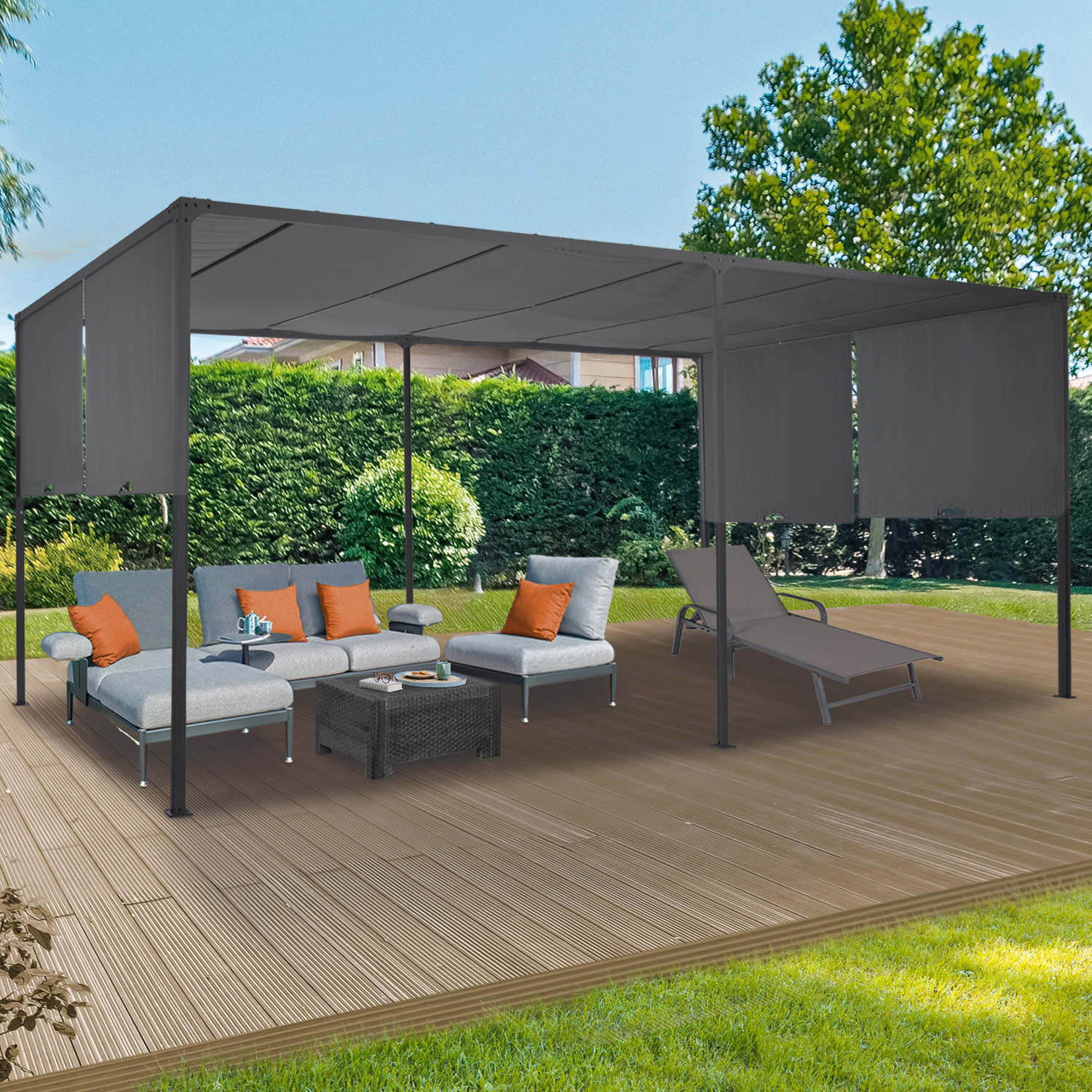 Pergola avec rideaux coulissants gris anthracite 3x6m