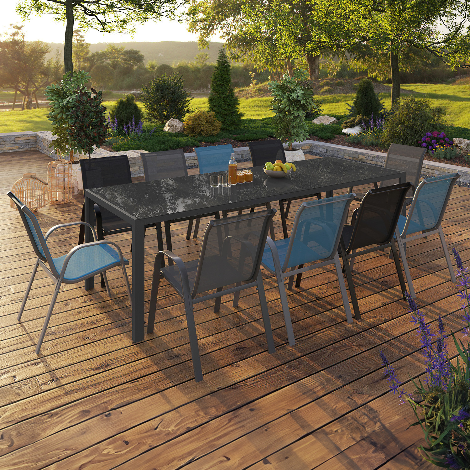 Table de jardin 240 cm 10 personnes et chaises empilables bleues, grises et noires