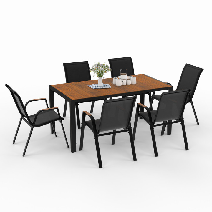 Tuinmeubelset met 150 cm tafel en 6 zwarte en houten stoelen - NOUMEA | ID Market