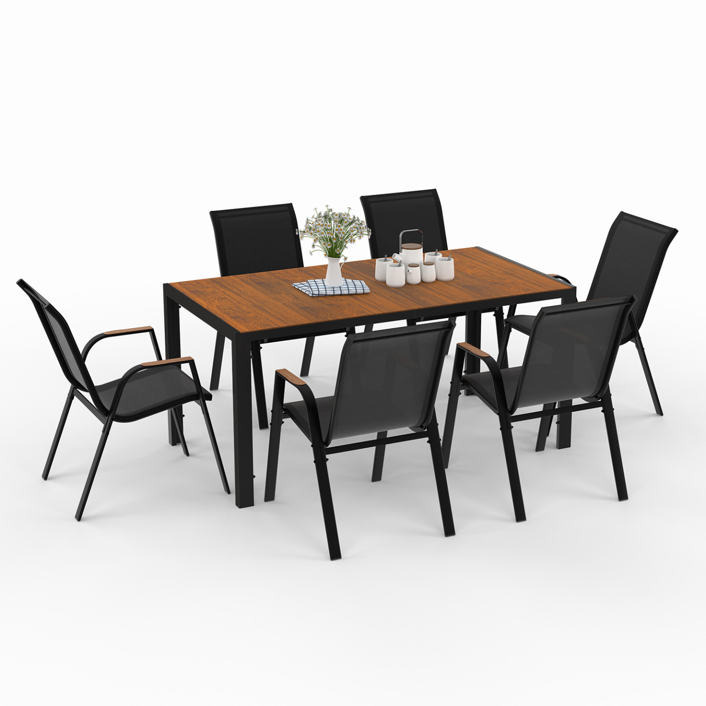 Salon De Jardin IDMarket Madrid - Table 150cm + 6 Chaises Empilables - Noir - Verre Trempé