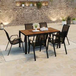 Tuinmeubelset met 150 cm tafel en 6 zwarte en houten stoelen - NOUMEA | ID Market