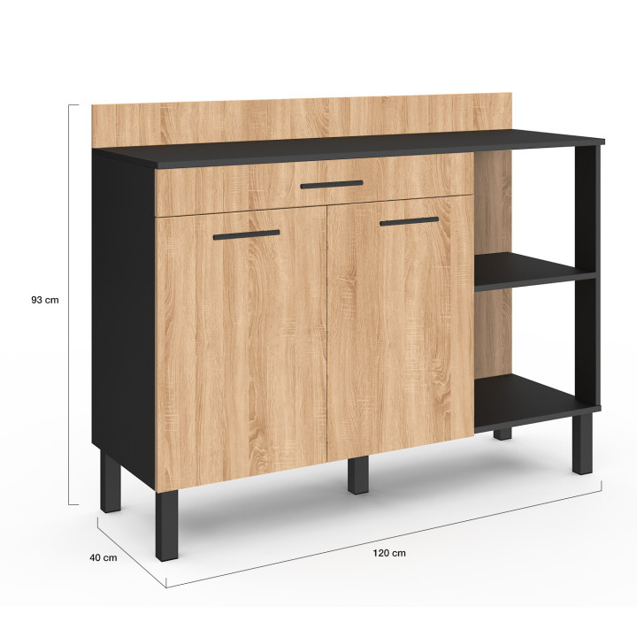 Buffet bas de cuisine 120 cm noir portes + tiroir bois façon hêtre - CINA | ID Market
