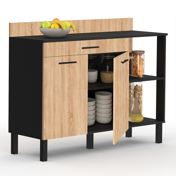 Buffet bas de cuisine 120 cm noir portes + tiroir bois façon hêtre - CINA | ID Market