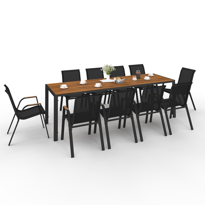 Salon de jardin avec 10 chaises empilables table 240 cm noir et bois - NOUMEA | ID Market