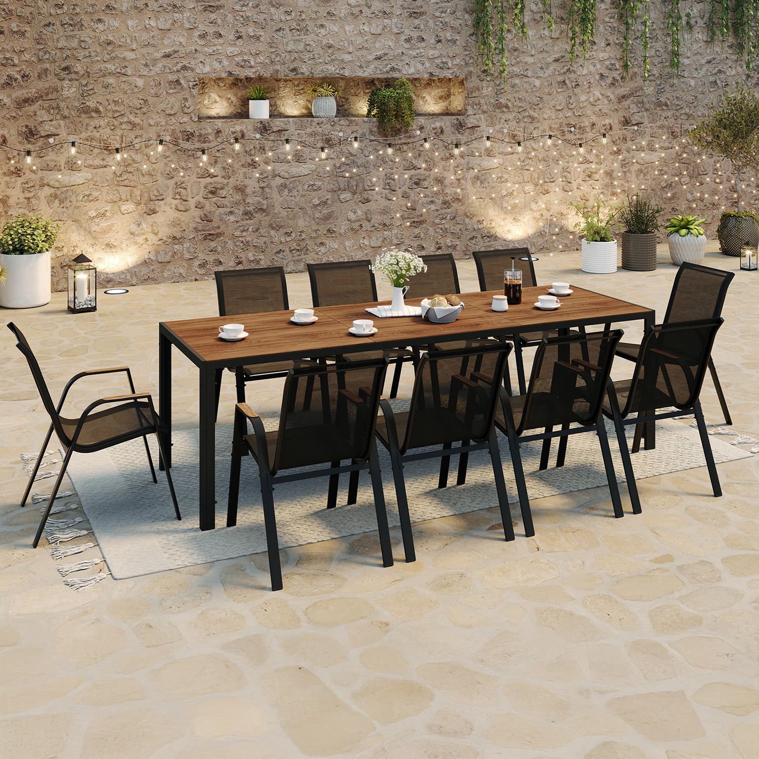Salon de jardin noir et bois table de jardin 240 cm avec 10 chaises empilables
