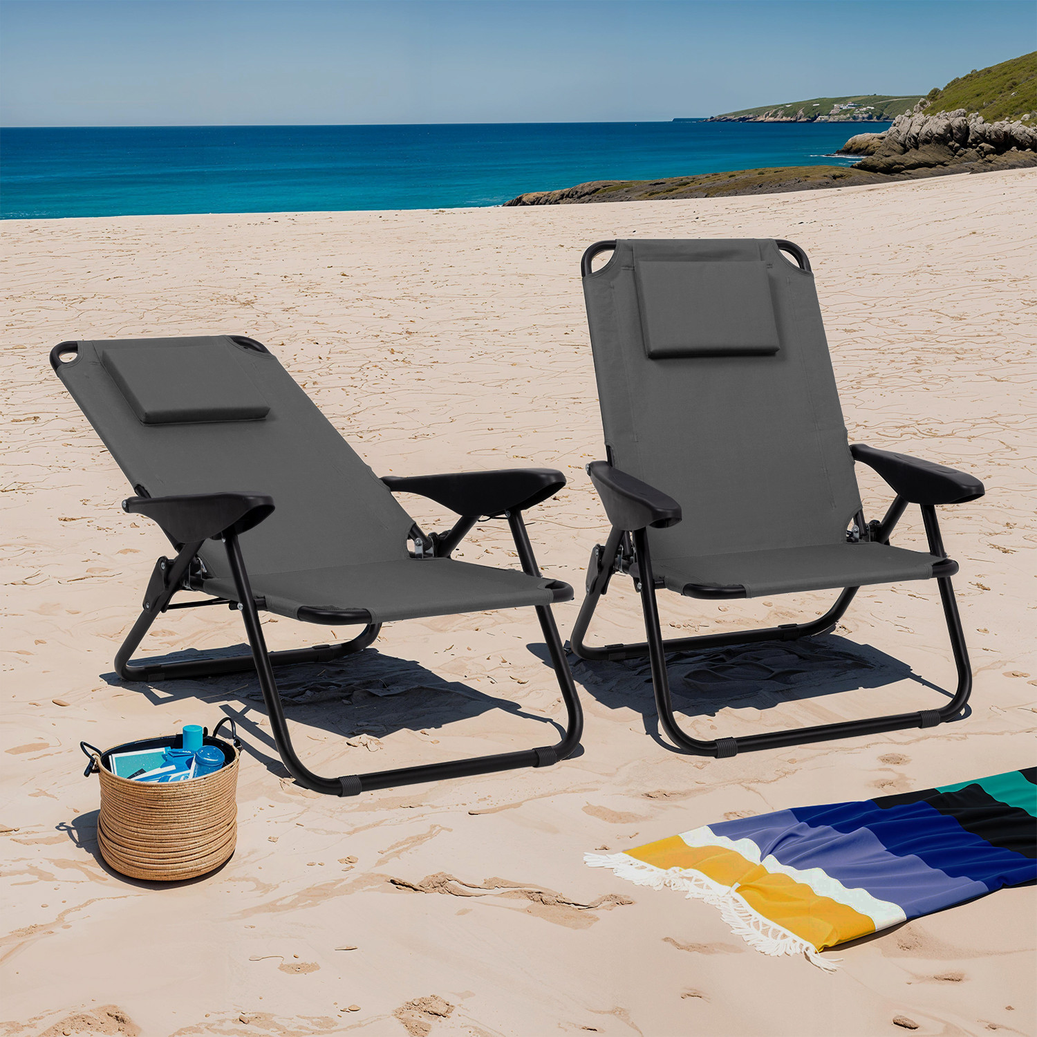 Chaises de plage pliantes gris anthracite avec dossier inclinable