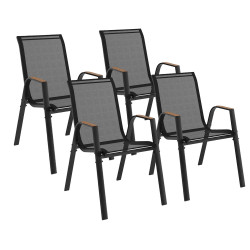 Set van 4 stapelbare tuinstoelen van metaal en zwart textilene en hout - NOUMEA | ID Market
