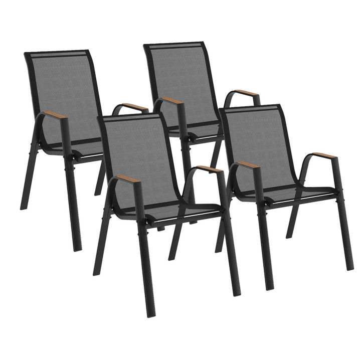 Lot de 4 chaises de jardin empilables métal et textilène noir et bois - NOUMEA | ID Market
