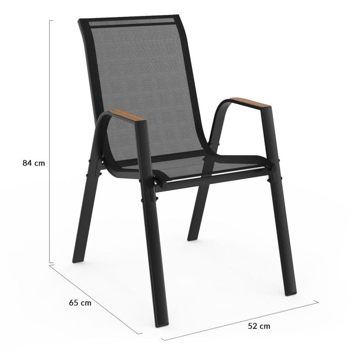 Lot de 4 chaises de jardin empilables métal et textilène noir et bois - NOUMEA | ID Market
