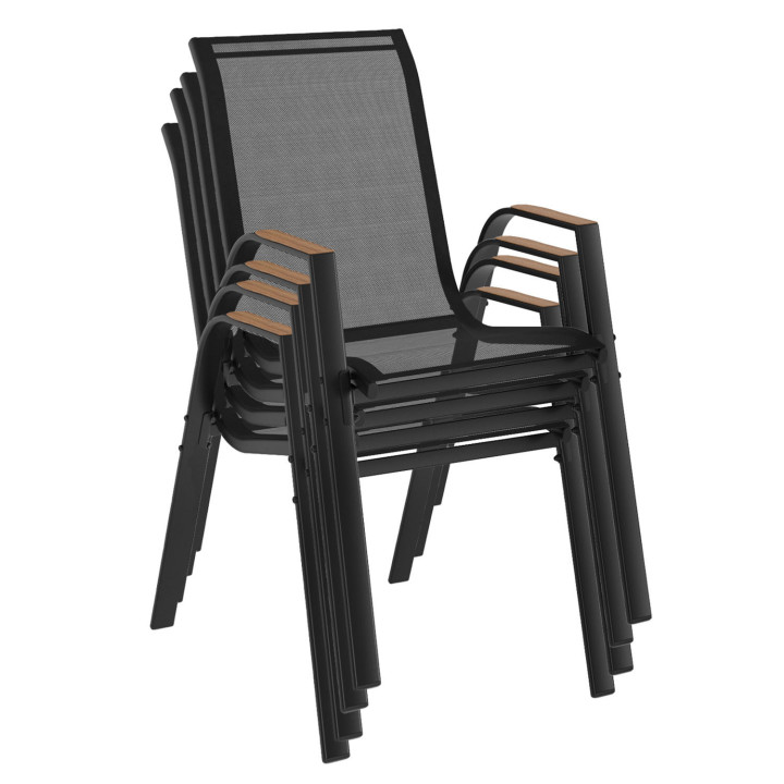Lot de 4 chaises de jardin empilables métal et textilène noir et bois - NOUMEA | ID Market