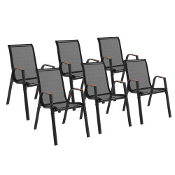 Set van 6 stapelbare tuinstoelen van metaal en zwart textilene en hout - NOUMEA | ID Market
