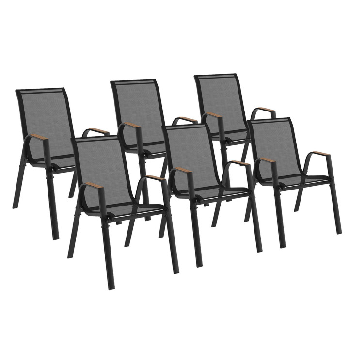 Lot de 6 chaises de jardin empilables métal et textilène noir et bois - NOUMEA | ID Market
