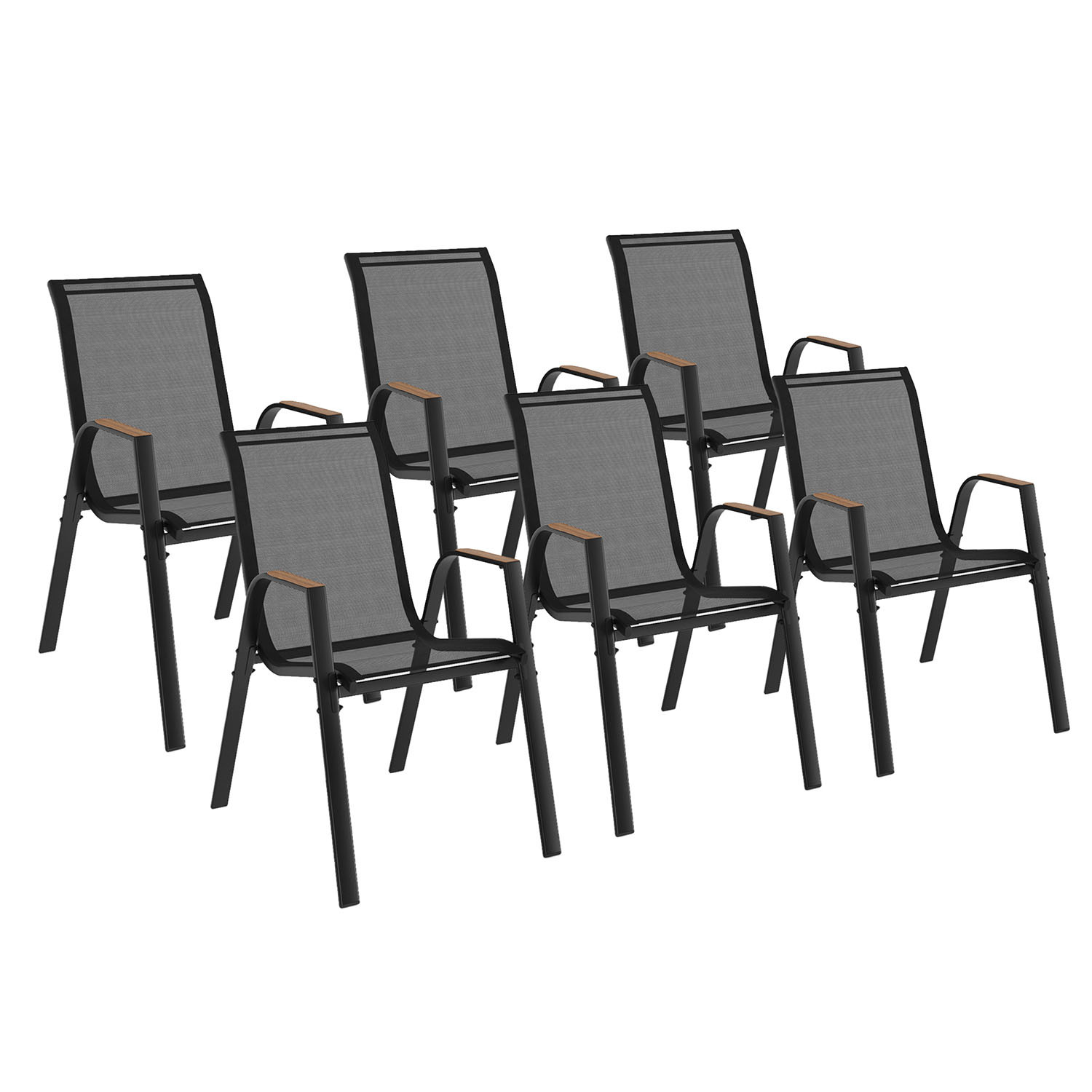 Lot de 6 chaises de jardin métal et textilène noir et bois