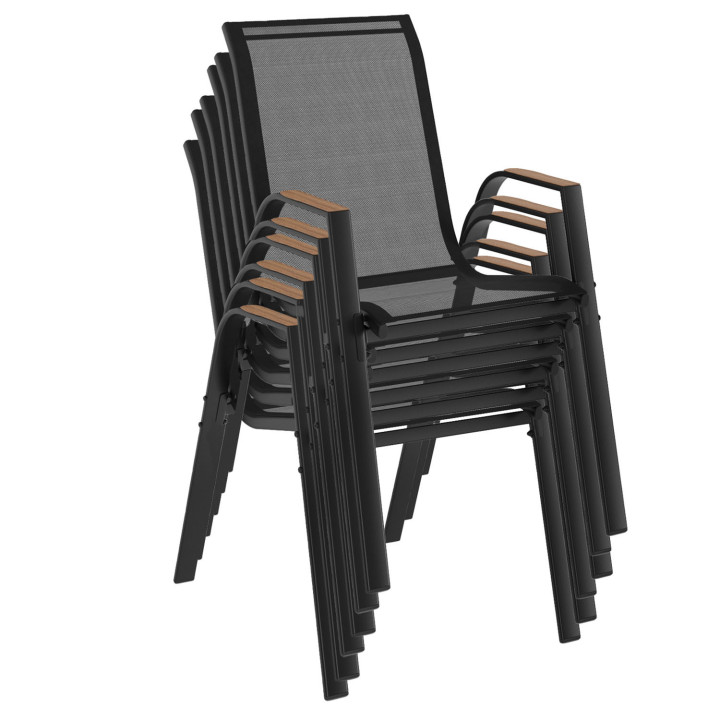 Lot de 6 chaises de jardin empilables métal et textilène noir et bois - NOUMEA | ID Market