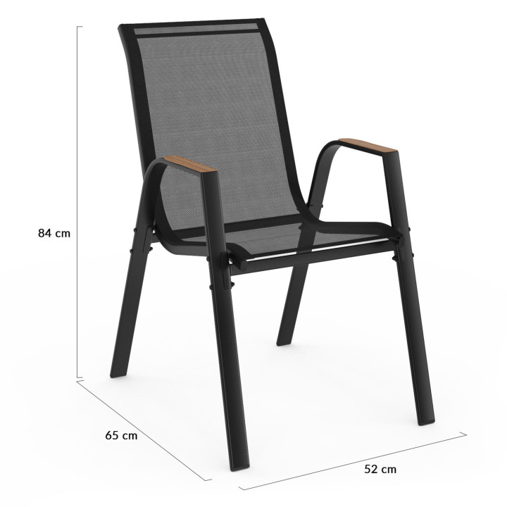 Lot de 6 chaises de jardin empilables métal et textilène noir et bois - NOUMEA | ID Market