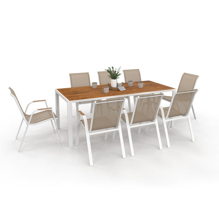 Tuinmeubelset met tafel 190 cm en 8 witte en houten stoelen - NOUMEA | ID Market