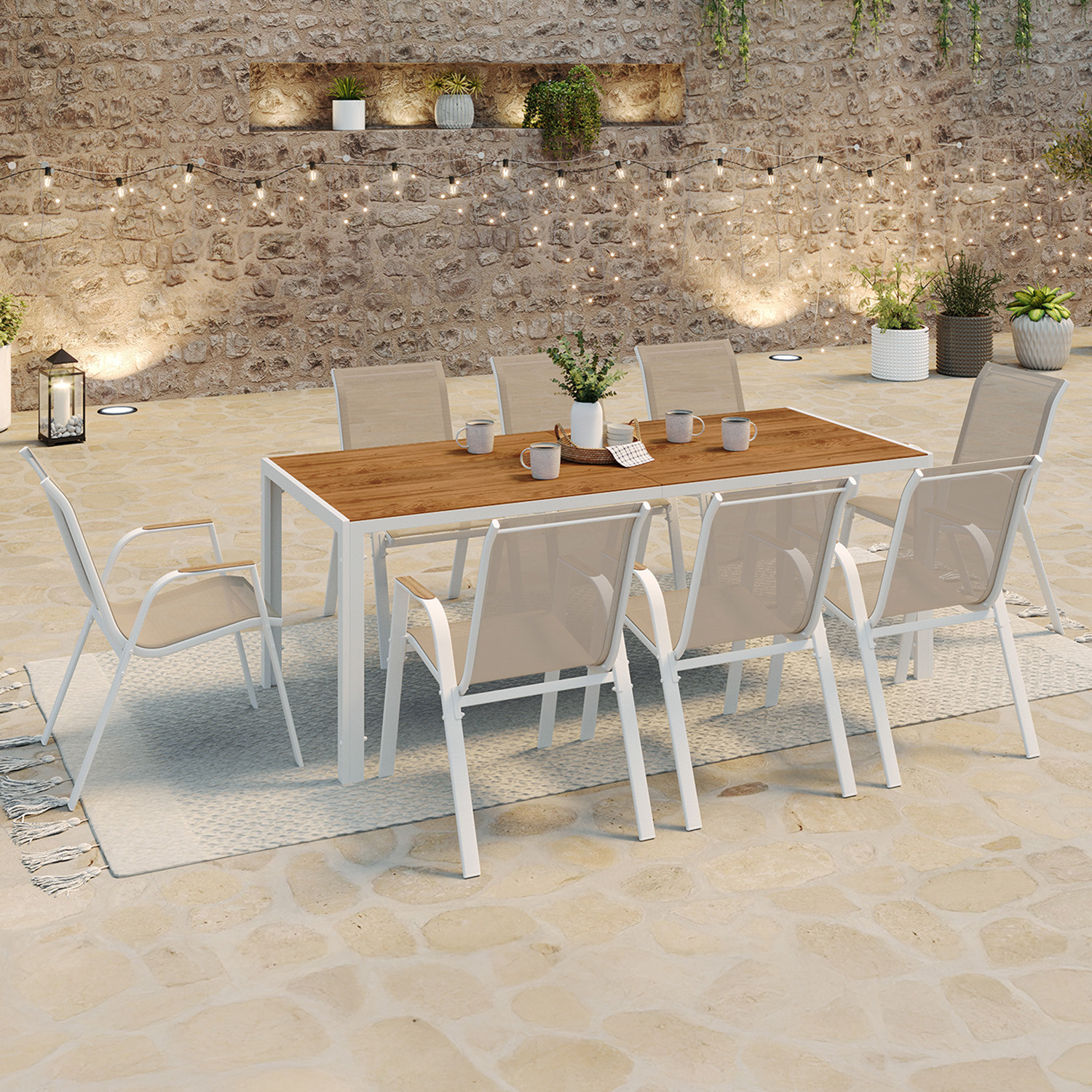 Salon de jardin bois et blanc avec table 190 cm et 8 chaises empilables