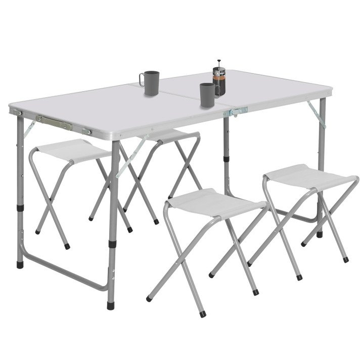 Table de camping pliante à hauteur réglable avec 4 tabourets : gris et blanc | ID Market