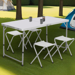 In hoogte verstelbare opvouwbare campingtafel met 4 krukjes: grijs en wit | ID Market