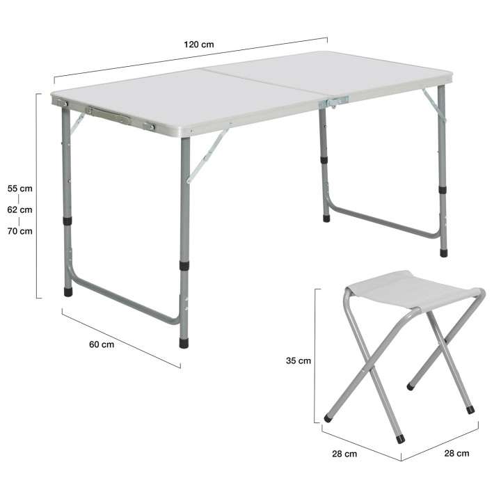 Table de camping pliante à hauteur réglable avec 4 tabourets : gris et blanc | ID Market