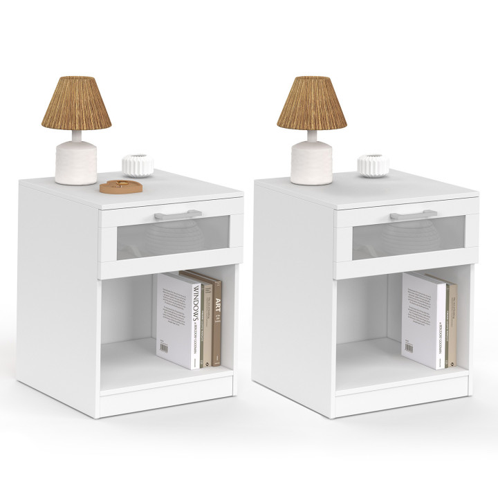 Lot de 2 tables de chevet VITO 1 tiroir avec niche effet givré bois blanc