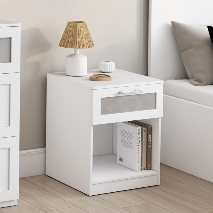 Lot de 2 tables de chevet VITO 1 tiroir avec niche effet givré bois blanc