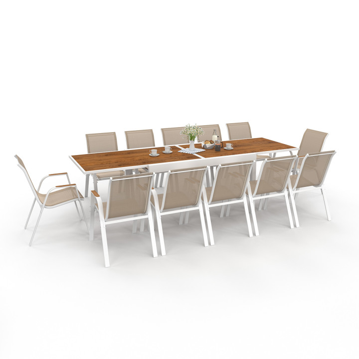Salon de jardin extensible - table 135 / 270 cm plateau effet bois et 12 chaises empilables blanc et bois - NOUMEA | ID Market Salon de jardin extensible - table 135 / 270 cm plateau effet bois et 12 chaises empilables blanc et bois - NOUMEA | ID Market