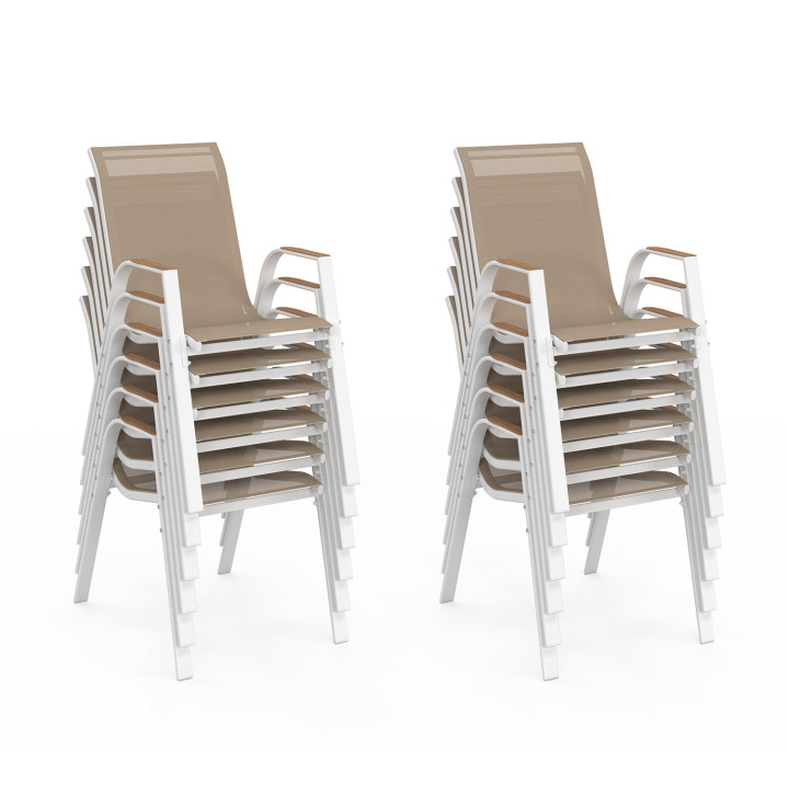 Salon de jardin extensible - table 135 / 270 cm plateau effet bois et 12 chaises empilables blanc et bois - NOUMEA | ID Market Salon de jardin extensible - table 135 / 270 cm plateau effet bois et 12 chaises empilables blanc et bois - NOUMEA | ID Market