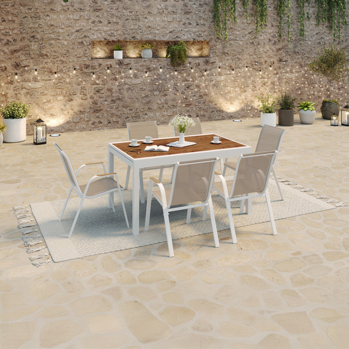 Salon de jardin extensible - table 135 / 270 cm plateau effet bois et 12 chaises empilables blanc et bois - NOUMEA | ID Market Salon de jardin extensible - table 135 / 270 cm plateau effet bois et 12 chaises empilables blanc et bois - NOUMEA | ID Market
