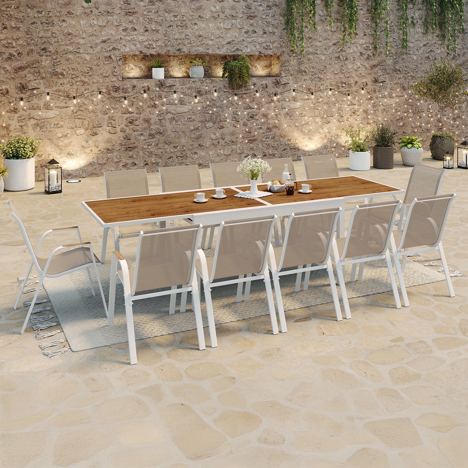 Salon de jardin extensible 12 personnes table 135/270 cm plateau effet bois et chaises empilables blanc et bois